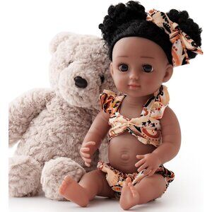 Reborn Baby Doll Black 15 Inch Lifelike Doll with Soft Curly Hair Realistic